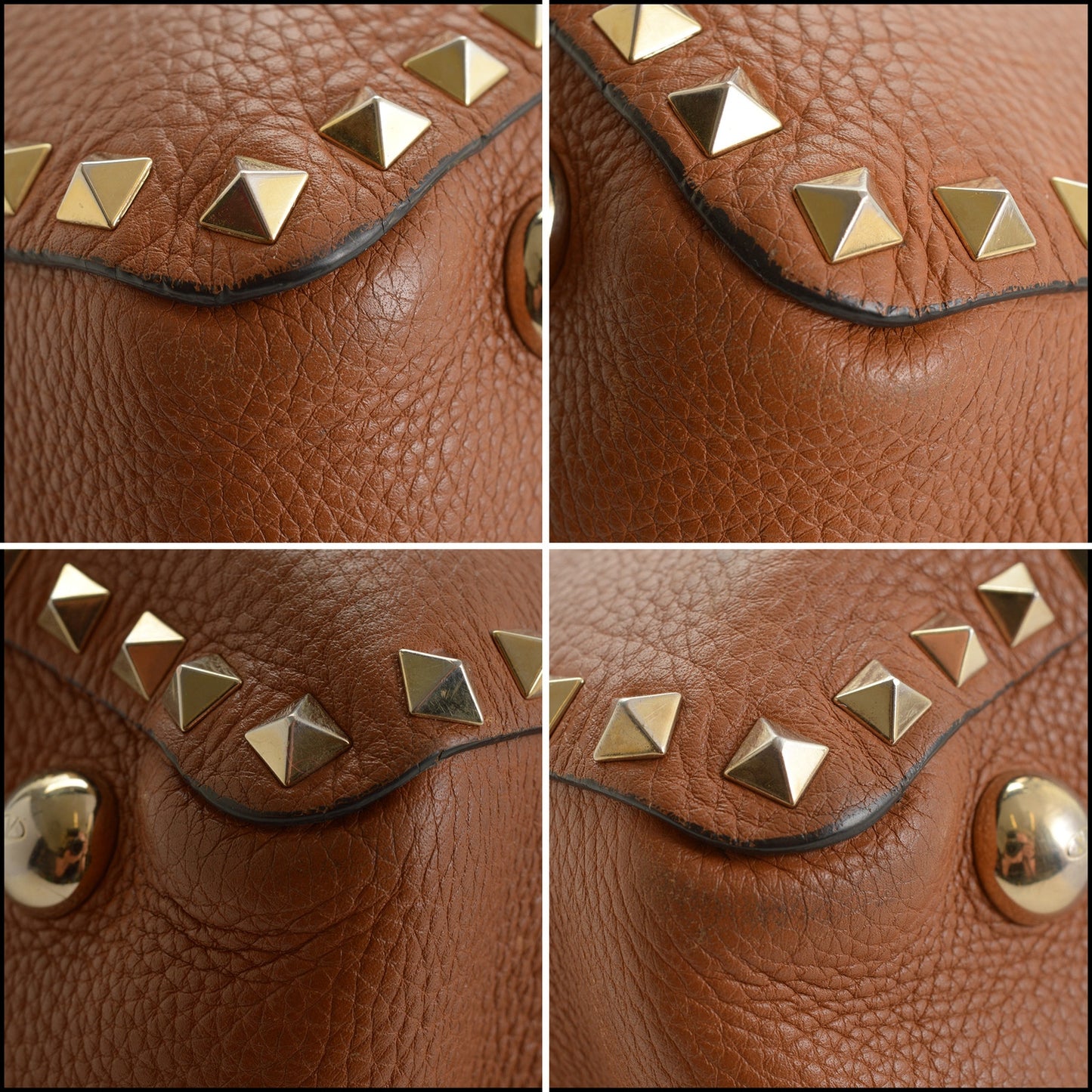 RDC15544 VALENTINO Saddle Brown Grainy Calfskin Rockstud Tote Medium