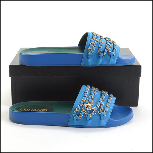 RDC14338 Authentic CHANEL Blue Satin Chain Tropiconic Slides Size 10B