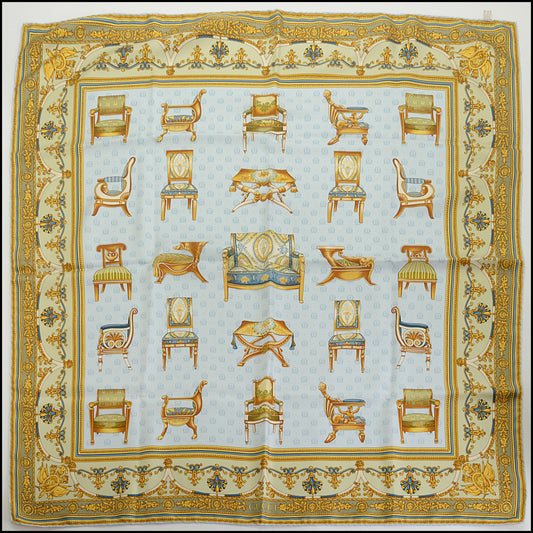 RDC14801 GUCCI Vintage Light Blue/Gold Baroque Chairs Silk Scarf