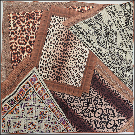 RDC14262 Authentic LONGCHAMP Brown/Multicolor Animal Print Rugs 90cm Silk Scarf
