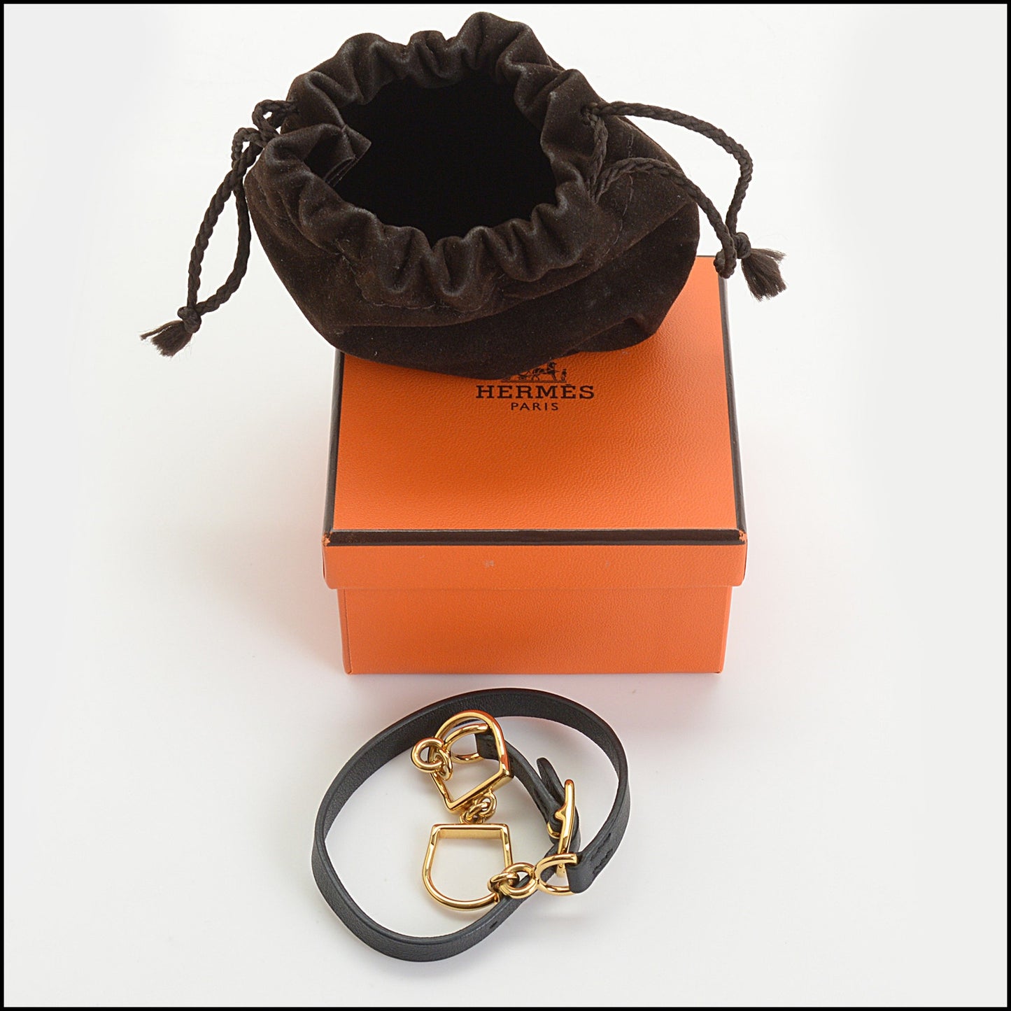 RDC14856 HERMES Black Leather Double Tour Etrier Bracelet