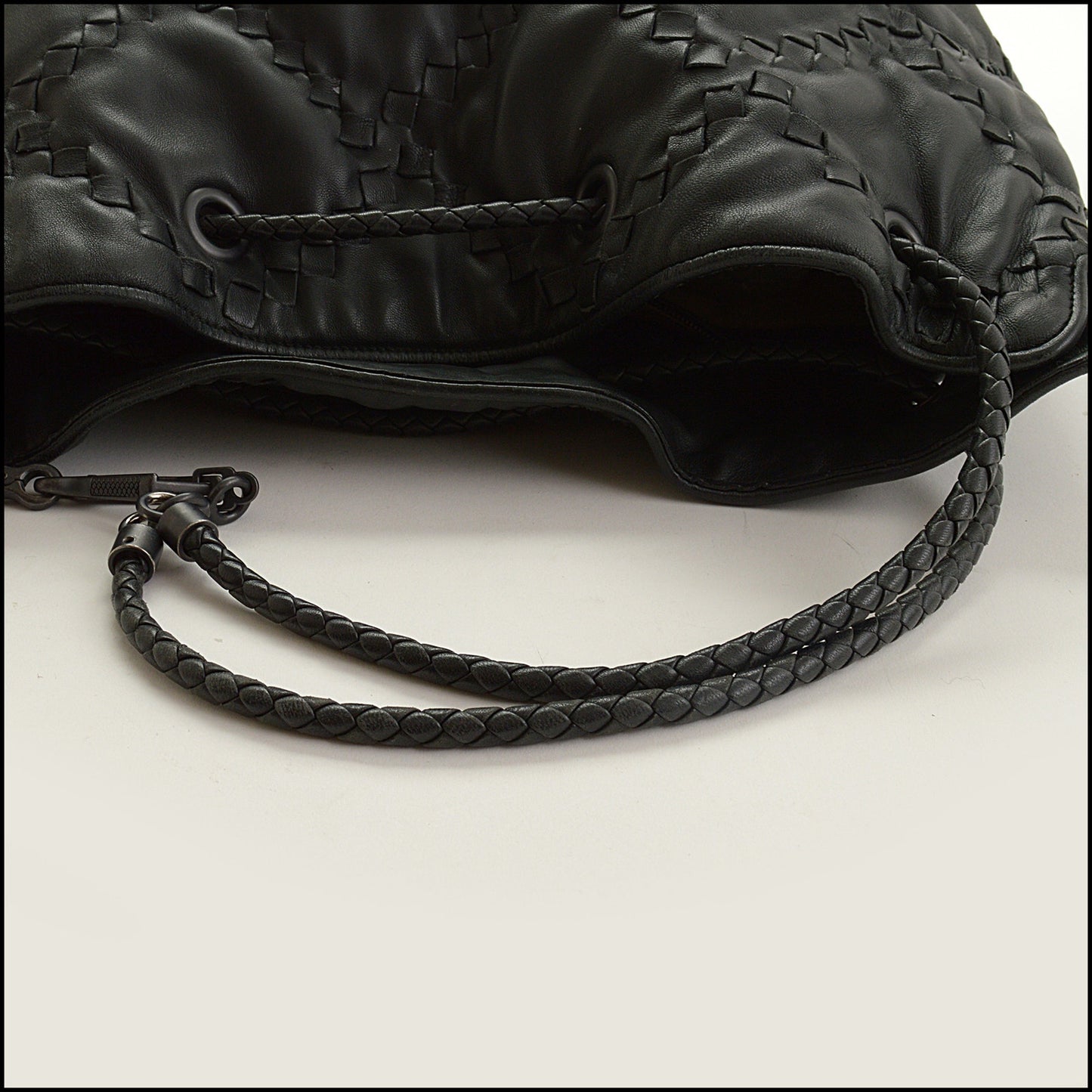 RDC15312 BOTTEGA VENETA '08 Black Intrecciato Nappa Leather Drawstring Tote Bag