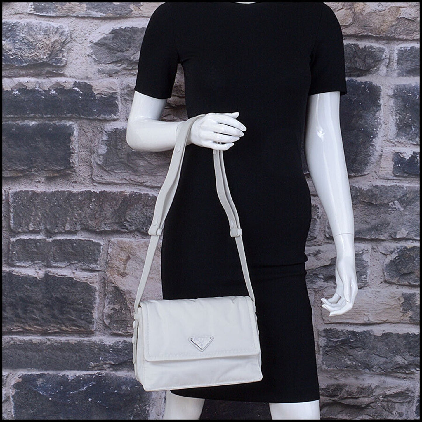 RDC13463 Authentic PRADA White Re-Nylon Tessuto Vitello Small Shoulder Bag