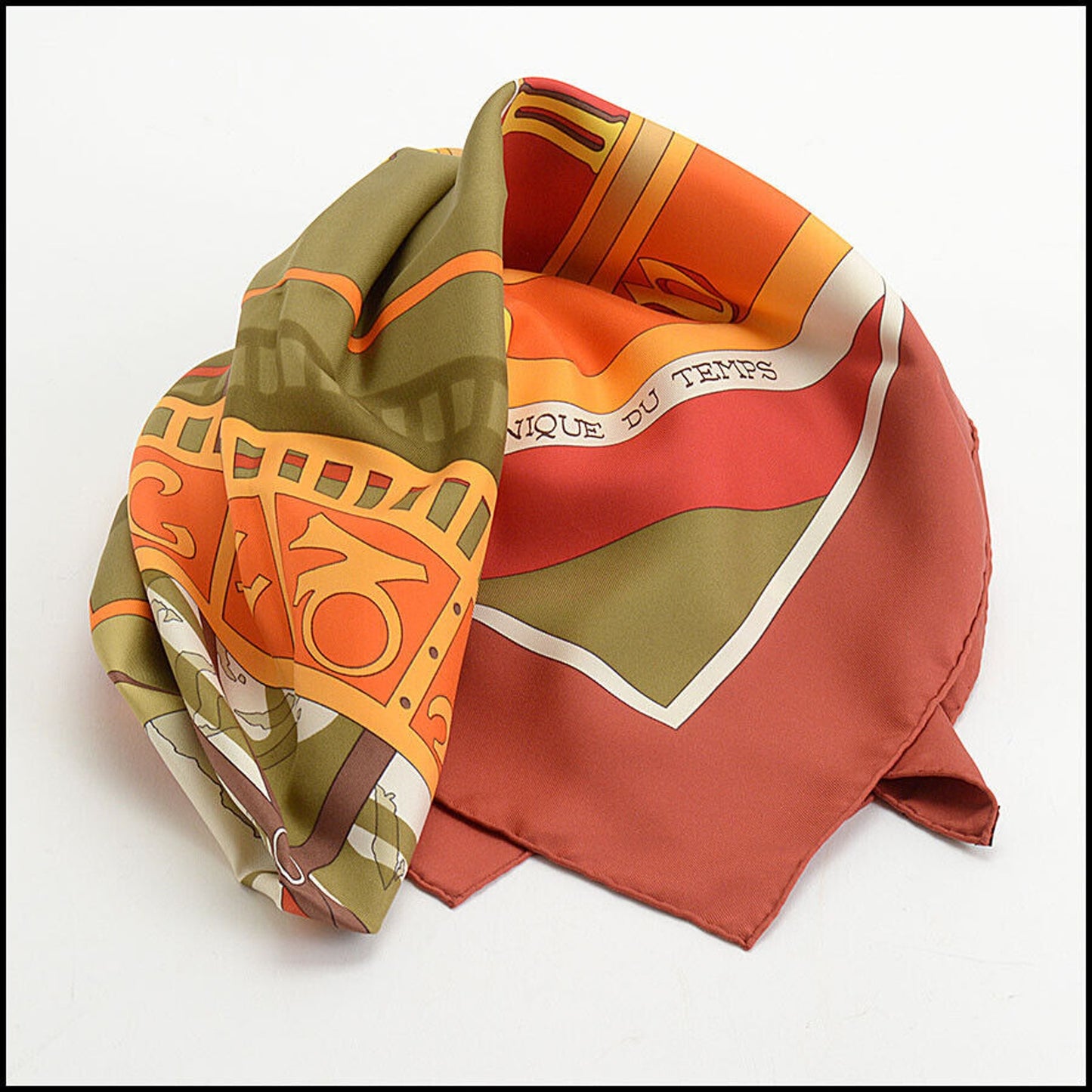 RDC13359 Authentic HERMES Red/Multicolor Mecanique du Temps 90cm Silk Scarf