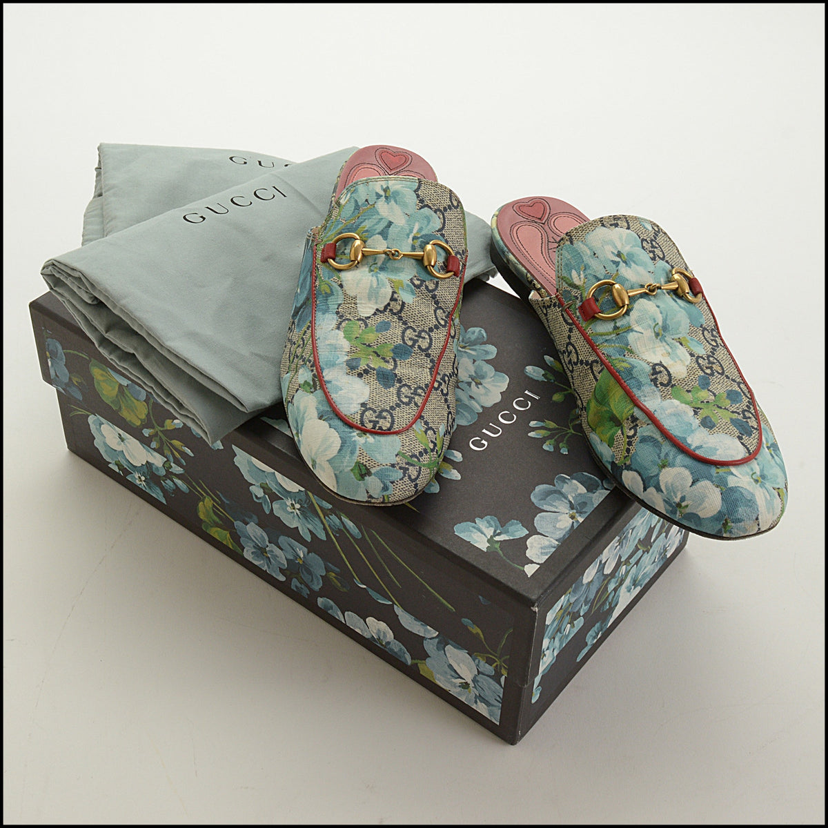 RDC15706 GUCCI Blue GG Blooms Monogram Princetown Horsebit Slipper Mules