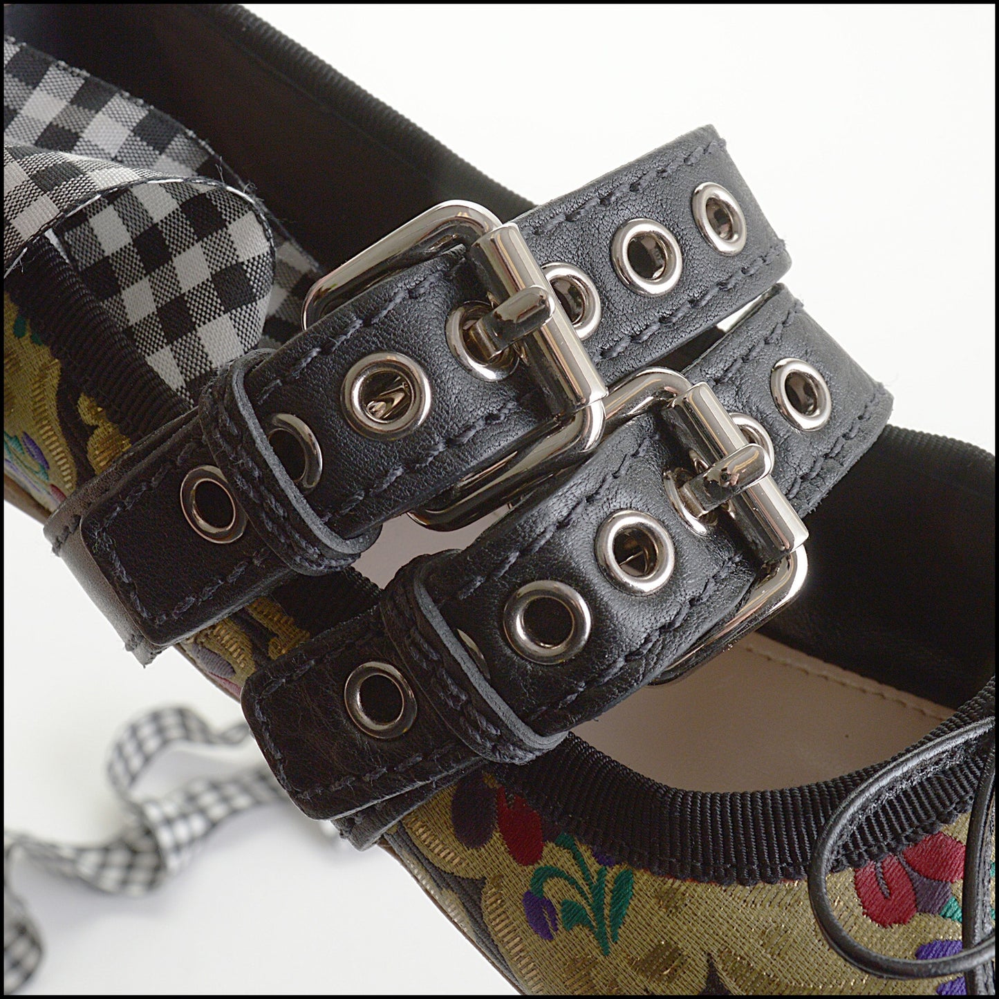 RDC14426 Miu Miu Multicolor Brocade Buckled Ankle-Wrap Ballerinas Size 8