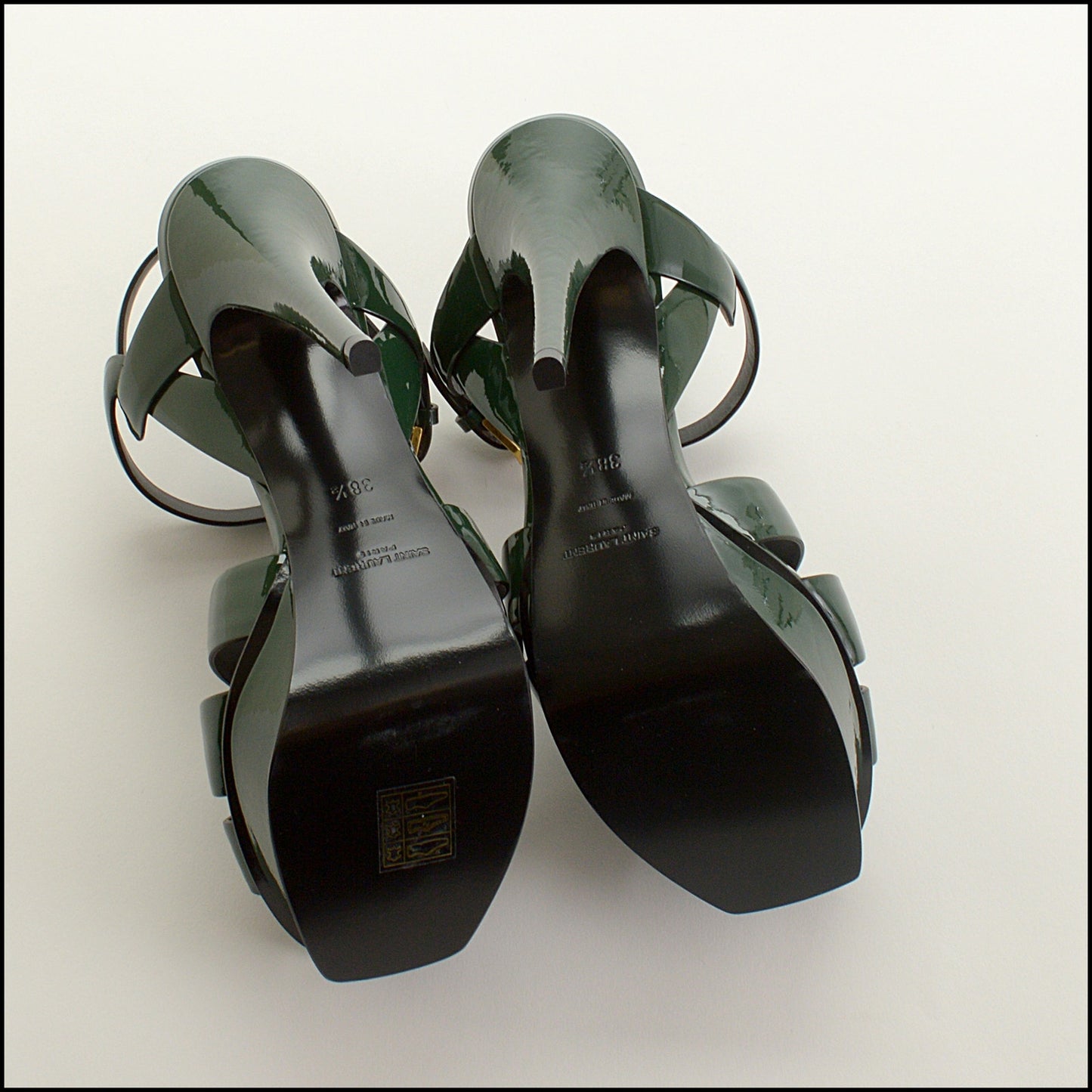 RDC15197 SAINT LAURENT Green Patent Leather Tribute T-Strap Platform Heel Size 38.5