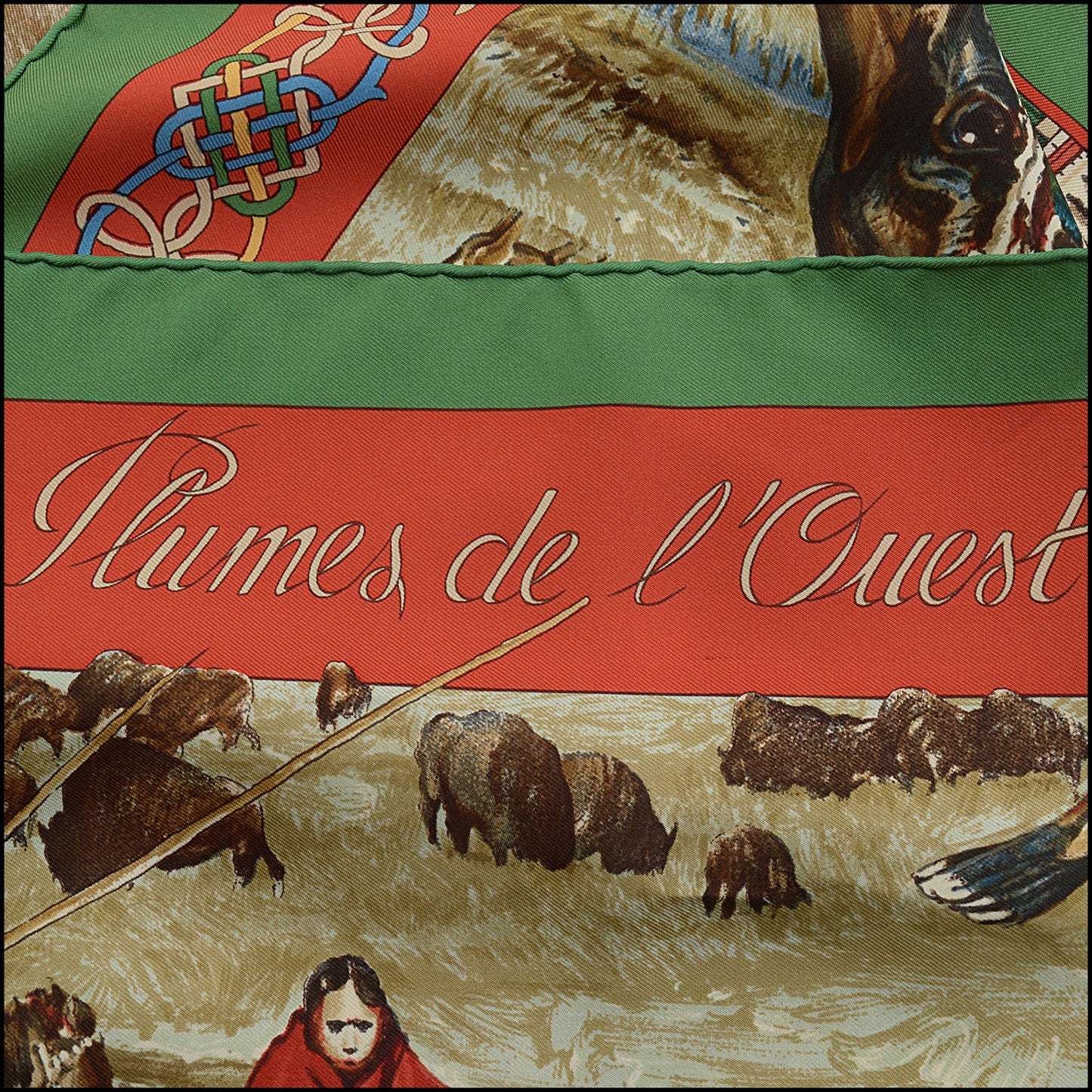 RDC15598 HERMES Vintage Green Multi "Plumes de L'Ouest" Cheyennes 90 Silk Scarf Kermit Oliver