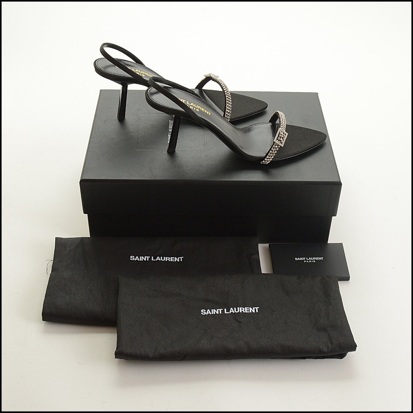 RDC15553 SAINT LAURENT Black Crystal Rendezvous Satin Crepe Sandals Size 36.5