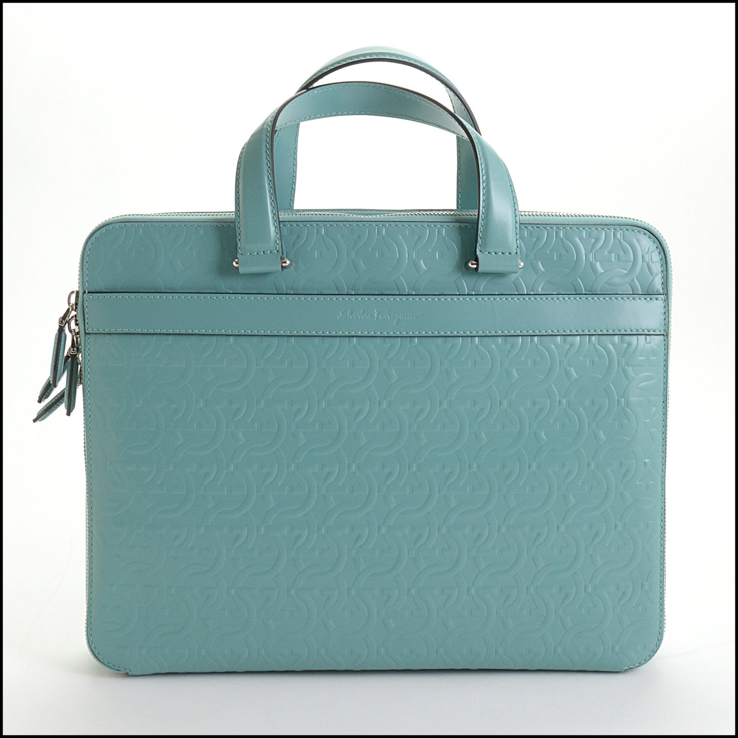 RDC14451 Salvatore Ferragamo Turquoise Gancini Embossed Leather Briefcase