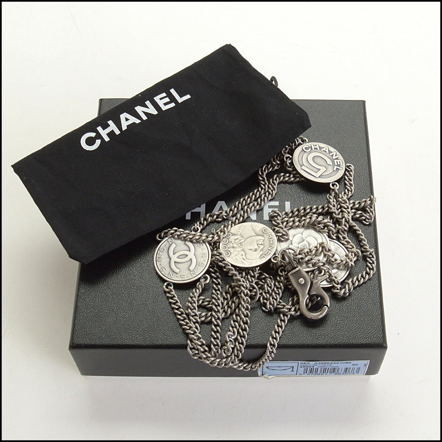RDC14935 CHANEL Silver Medallion Chain Belt Size 90
