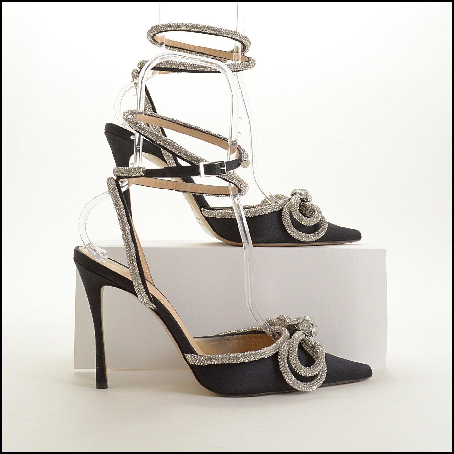 RDC15616 MACH & MACH Black Stain Crystal Bow Ankle Wrap Heels size 39