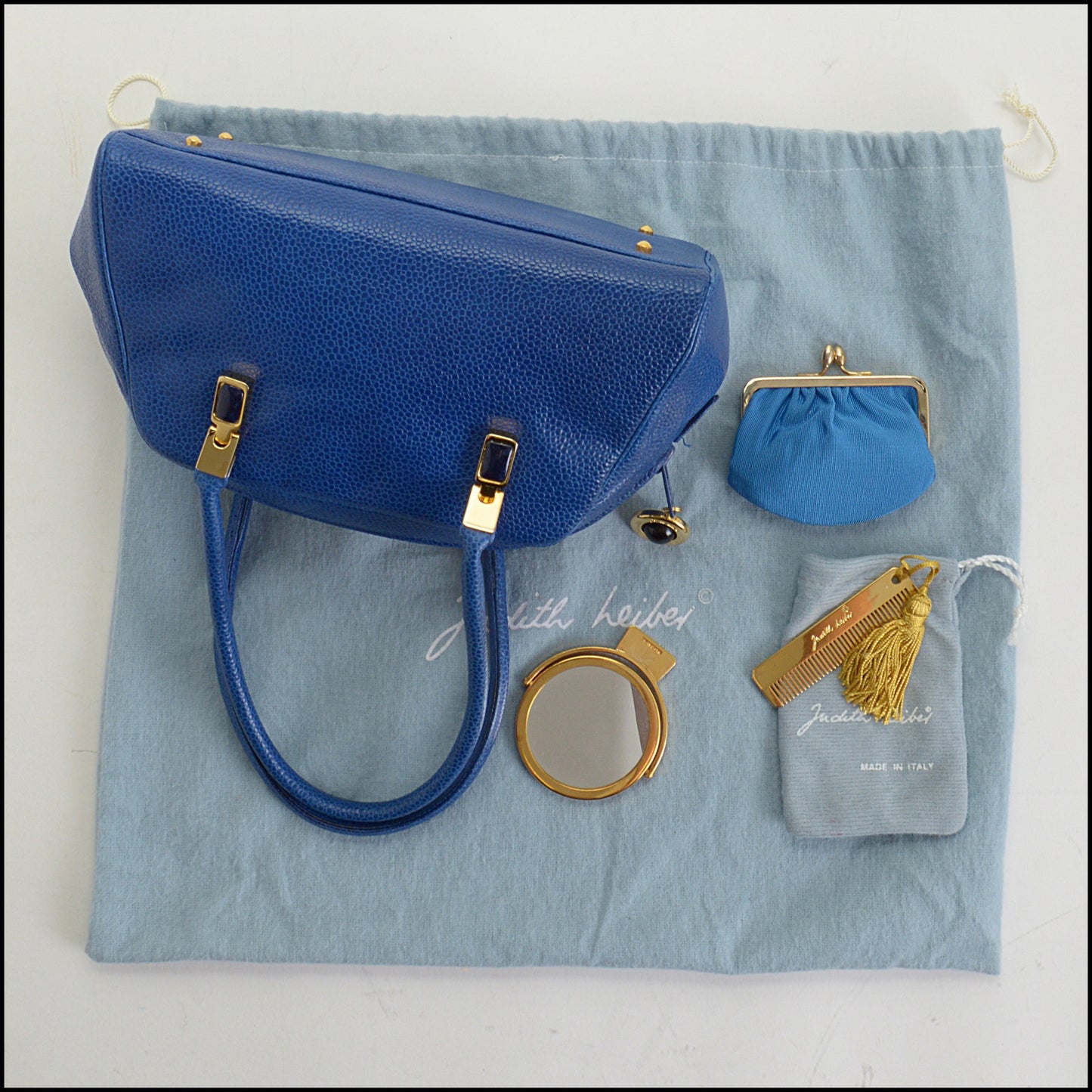RDC14691 JUDITH LEIBER Blue Caviar Leather Mini Bowler Bag