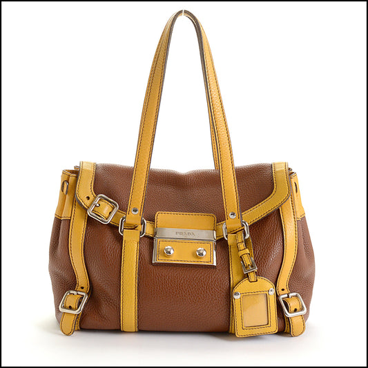 RDC14462 Prada Cinnamon & Yellow Pebbled Leather Hand Bag