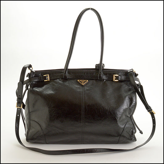 RDC15671 PRADA Black Glossy Calfskin Large Bonnie Bag