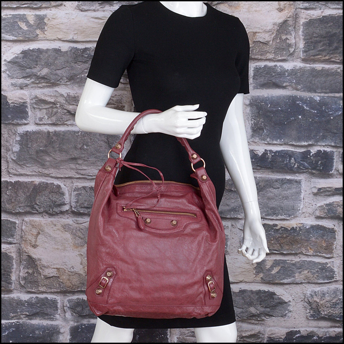 RDC15741 BALENCIAGA '12 Cassis Burgundy Lambskin 12mm Rose Gold Mini Giant Day Bag