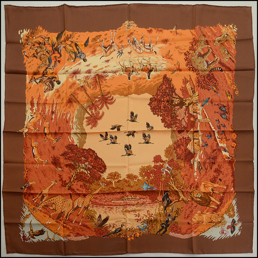 RDC15460 HERMES Vintage 1997 Brown/Yellow "Africa" Silk Scarf 90 cm