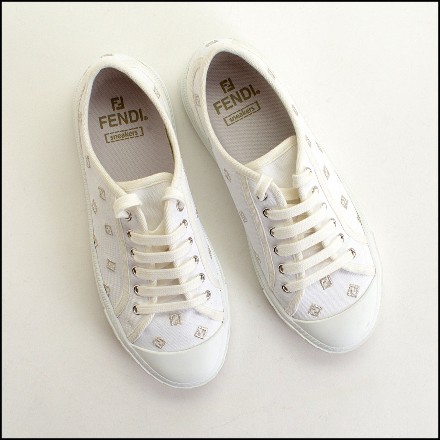 RDC14958 Authentic FENDI White Canvas FF Domino Low-Top Sneakers Size 39