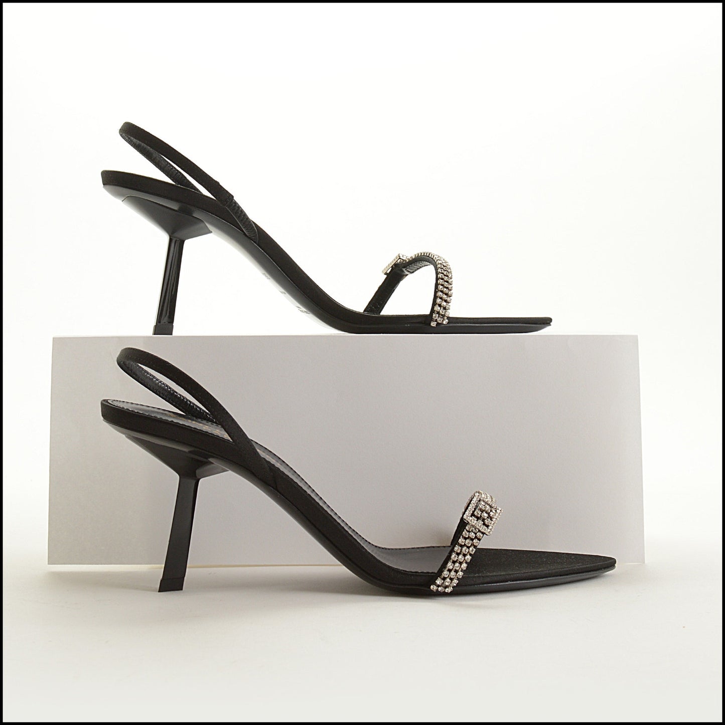 RDC15553 SAINT LAURENT Black Crystal Rendezvous Satin Crepe Sandals Size 36.5