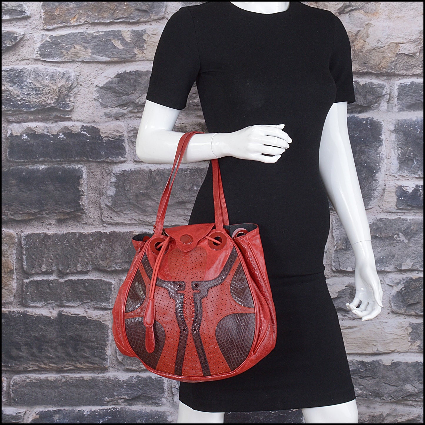 RDC15343 BALENCIAGA '04 True Red Chevre and Bordeaux Snakeskin Corset Bag