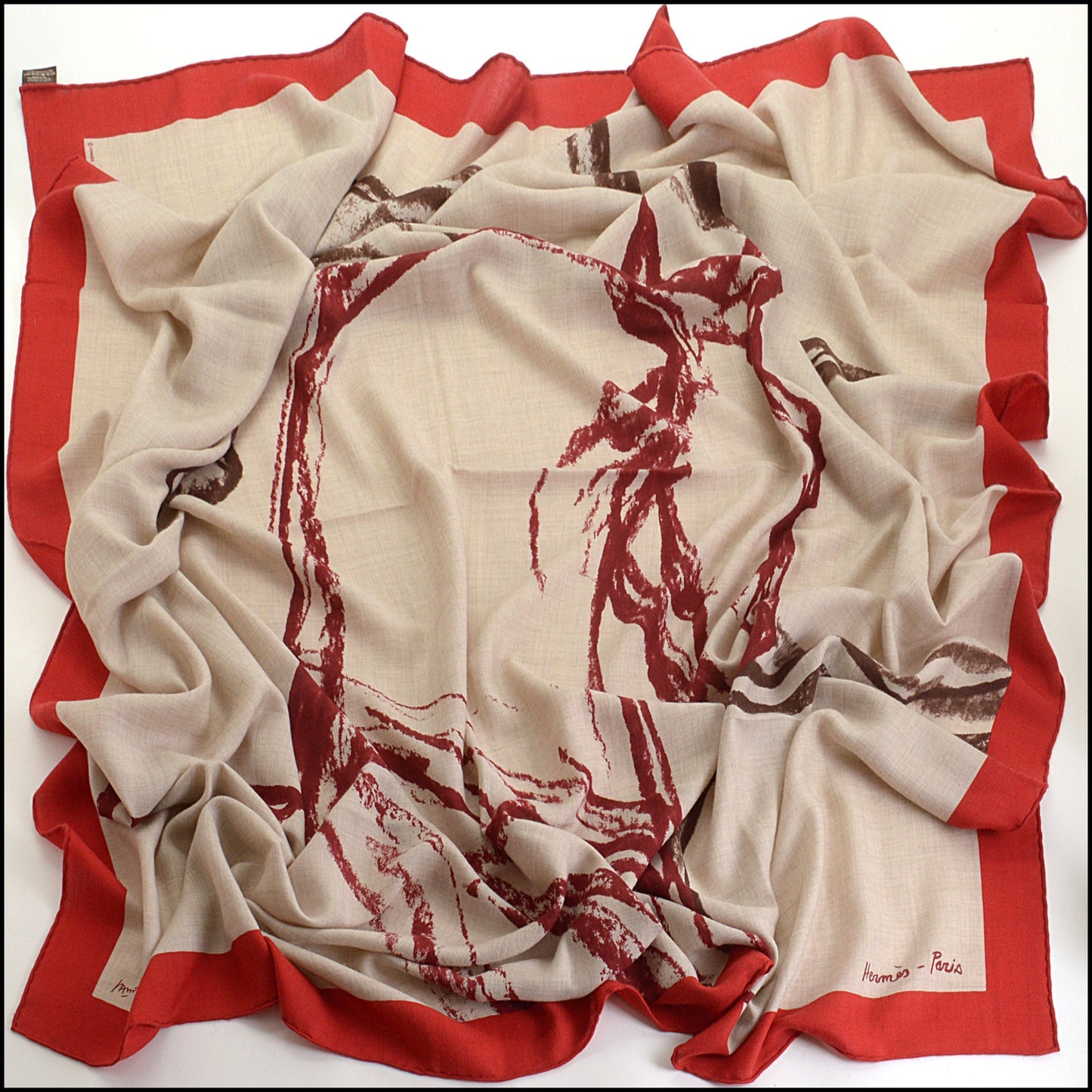 RDC14924 HERMES Natural/Red Cashmere Silk "Chevaux Au Pre" 140 Shawl/Large Scarf