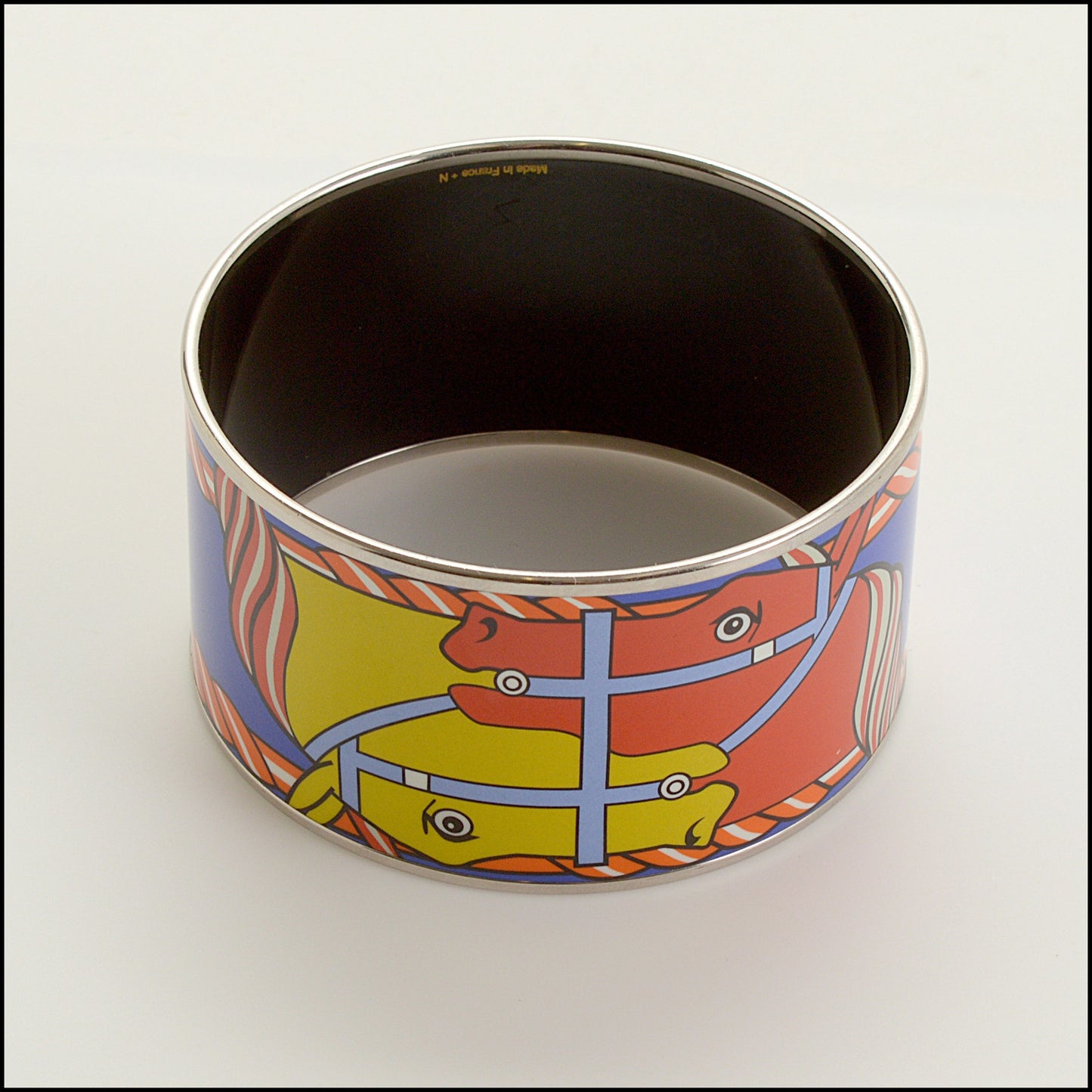 RDC15436 HERMES Blue Quadridge Printed Enamel Extra Wide Bangle Size M T3