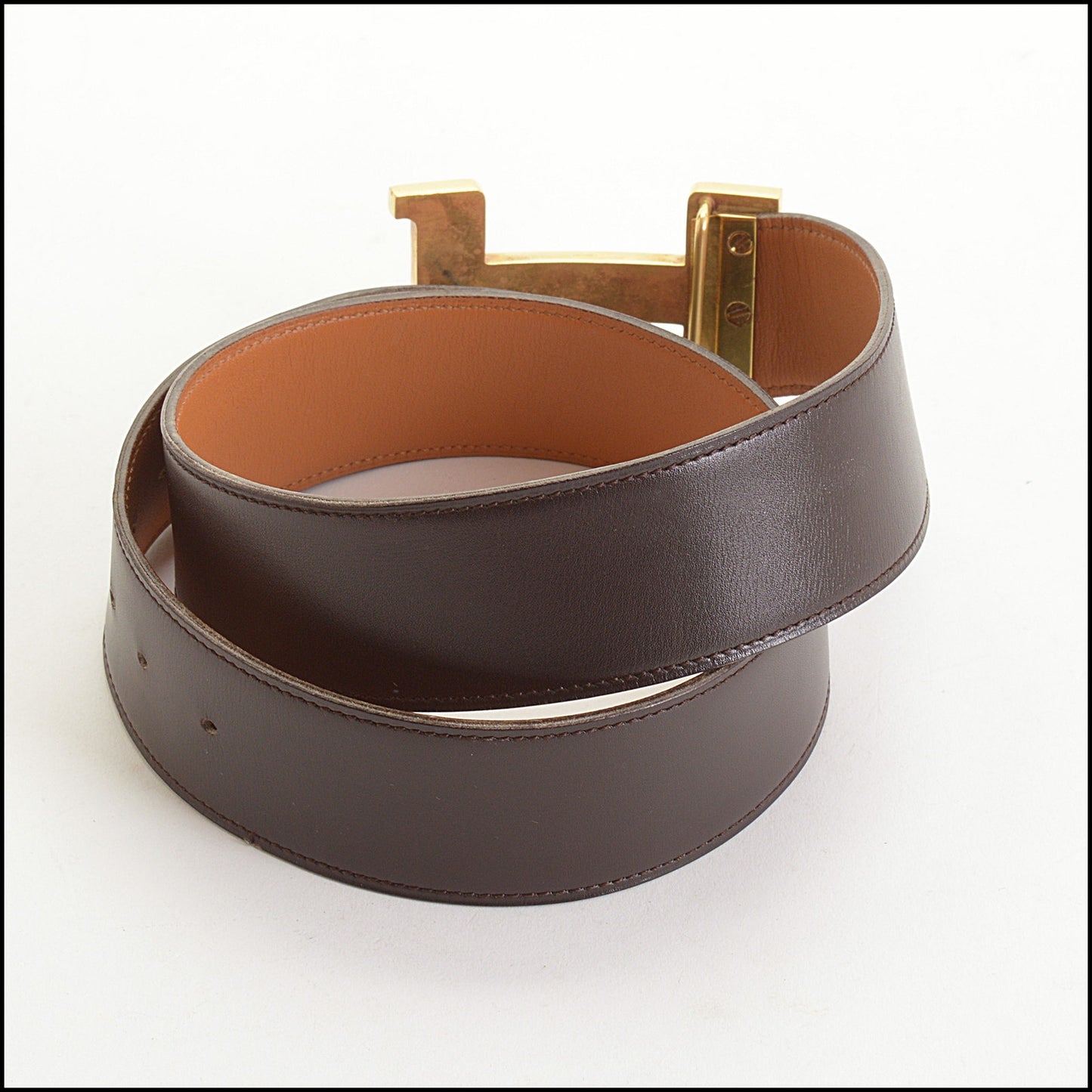 RDC14927 HERMES Dark Brown Leather Gold H Buckle Constance Belt Size XS 75/30