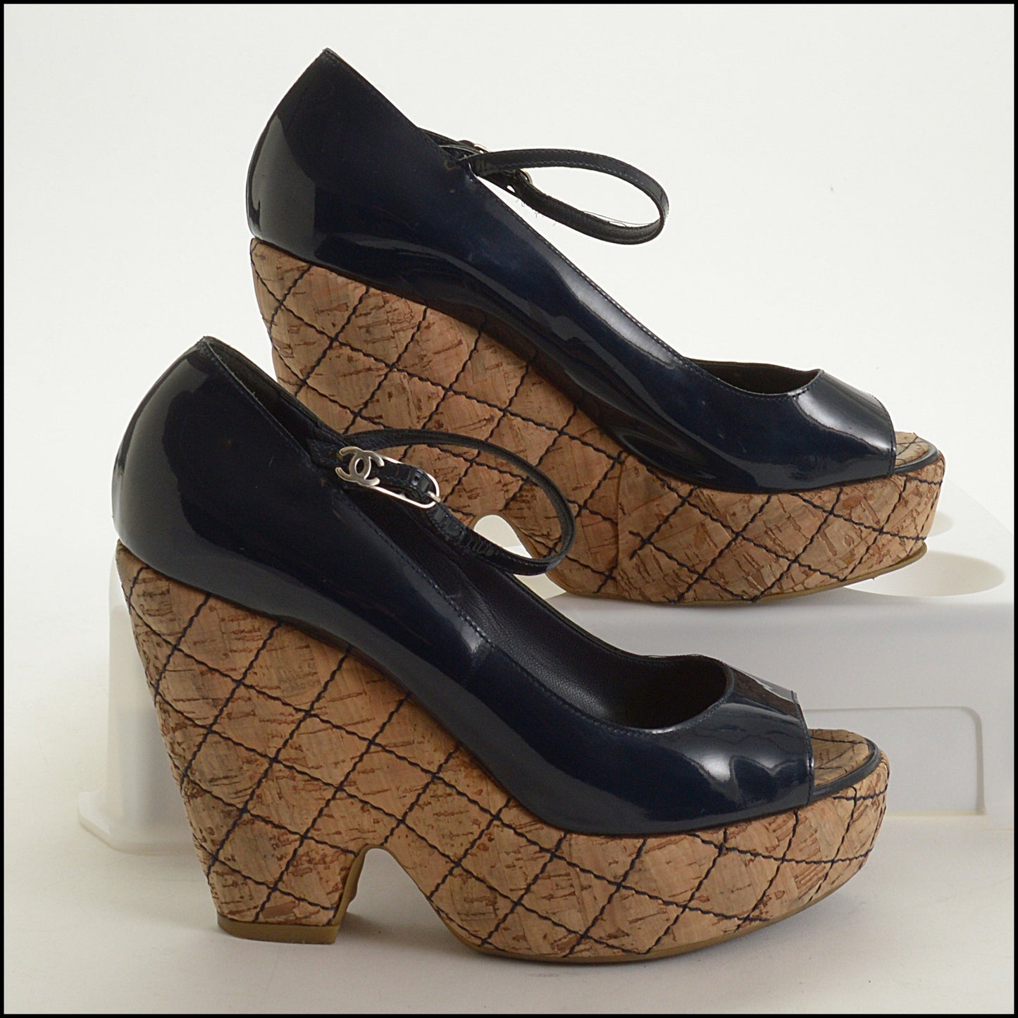 RDC15186 CHANEL Navy Patent Leather Quilted Cork Platforms Size 37.5