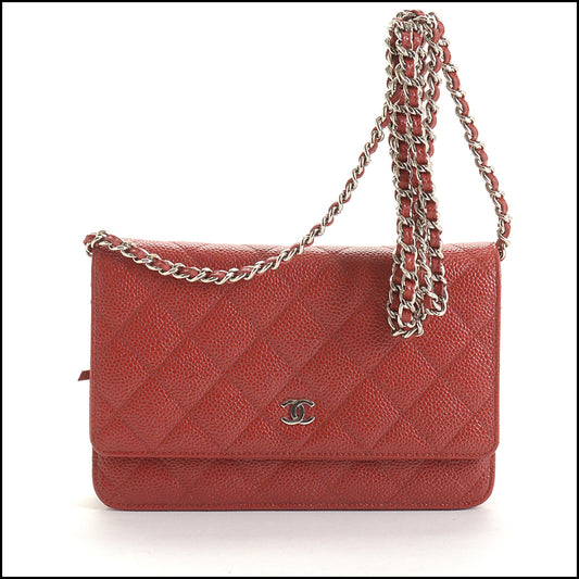 RDC14912 CHANEL '15-16 Red Caviar Leather Silver HW Classic Wallet on Chain