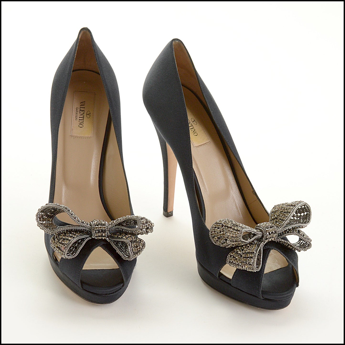 RDC15539 VALENTINO Black Satin Crystal Bow Peeptoe Pumps Size 40