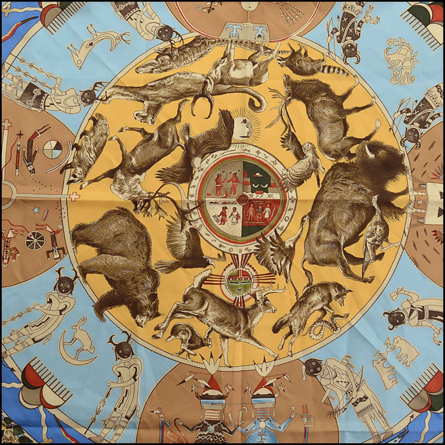 RDC15557 HERMES Blue "Mythologies Des Hommes Rouges" Kermit Oliver Silk Scarf 90 cm