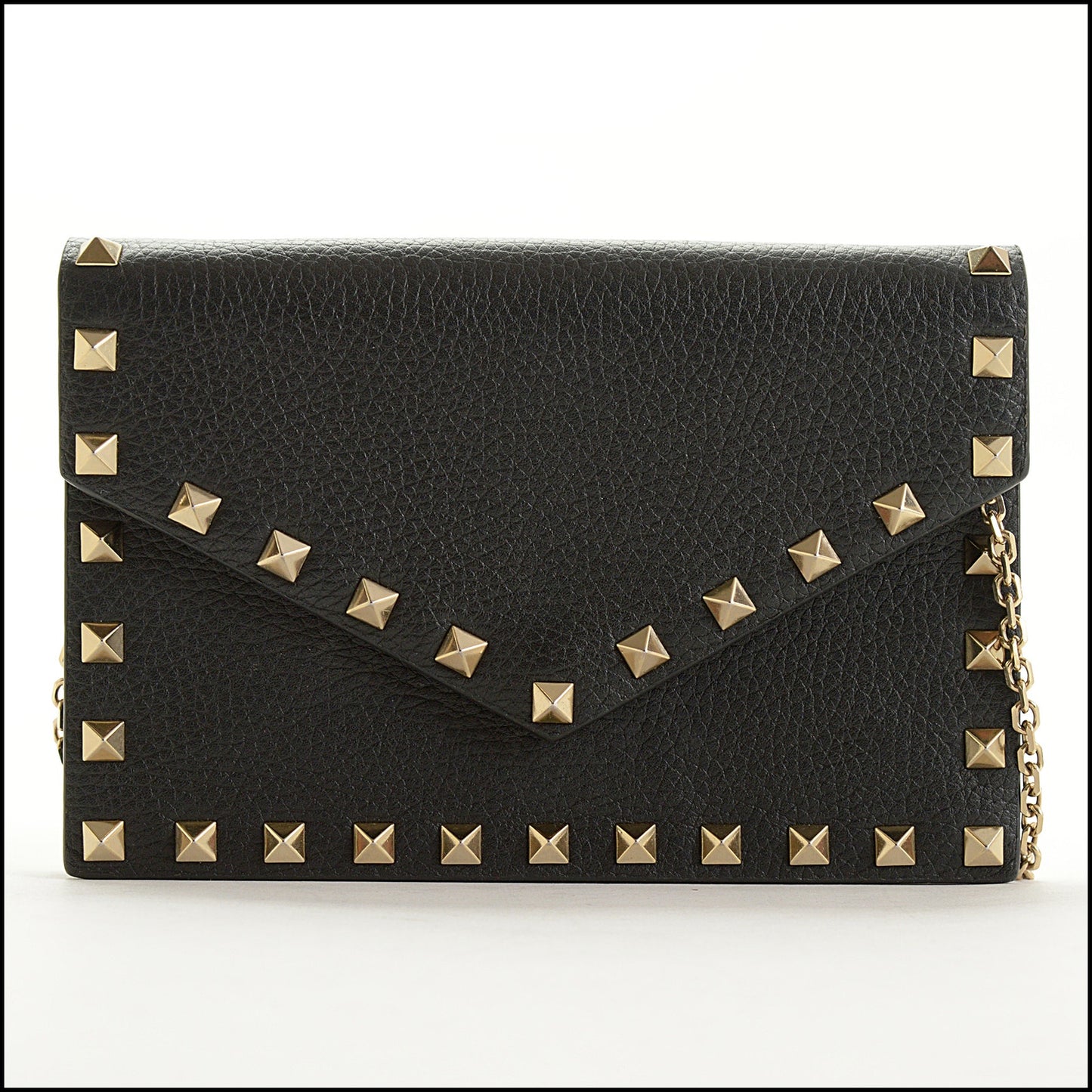 RDC15542 VALENTINO Black Pebbled Leather Rockstud Envelope Wallet on Chain