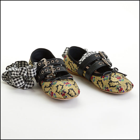 RDC14426 Miu Miu Multicolor Brocade Buckled Ankle-Wrap Ballerinas Size 8