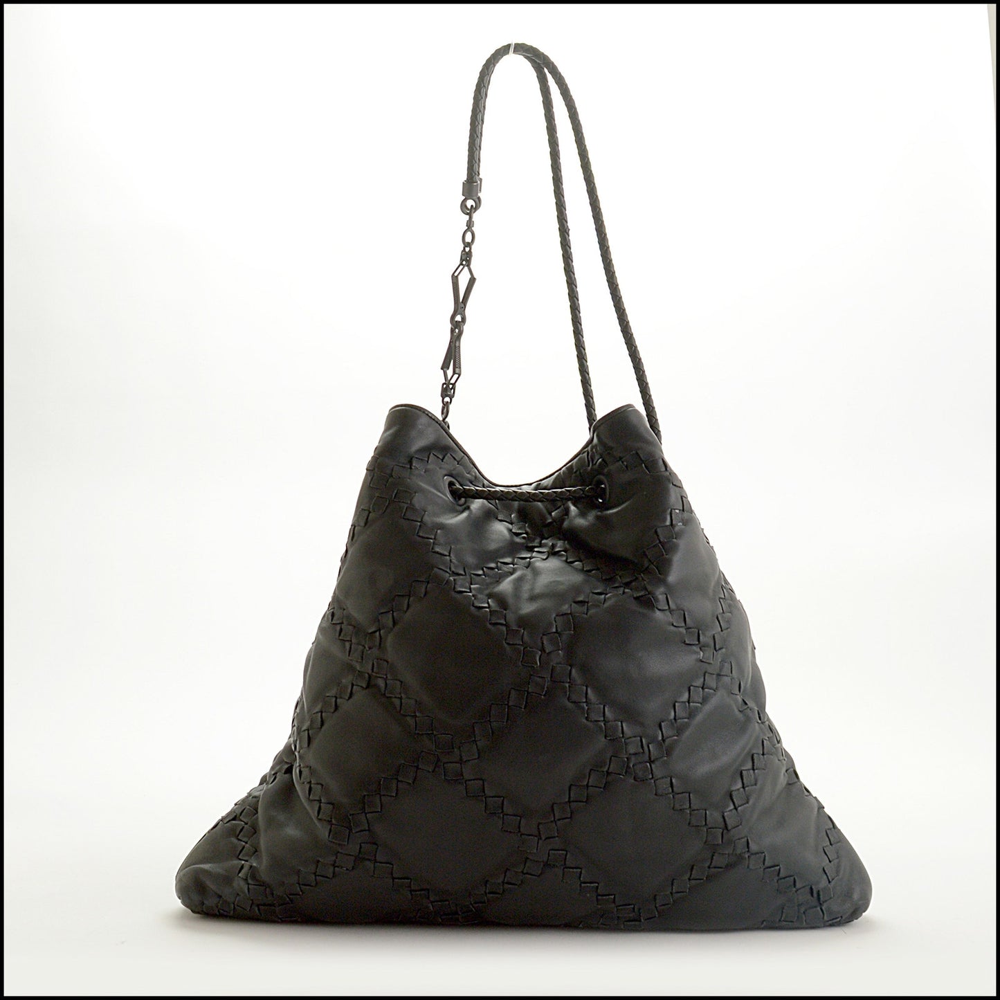 RDC15312 BOTTEGA VENETA '08 Black Intrecciato Nappa Leather Drawstring Tote Bag