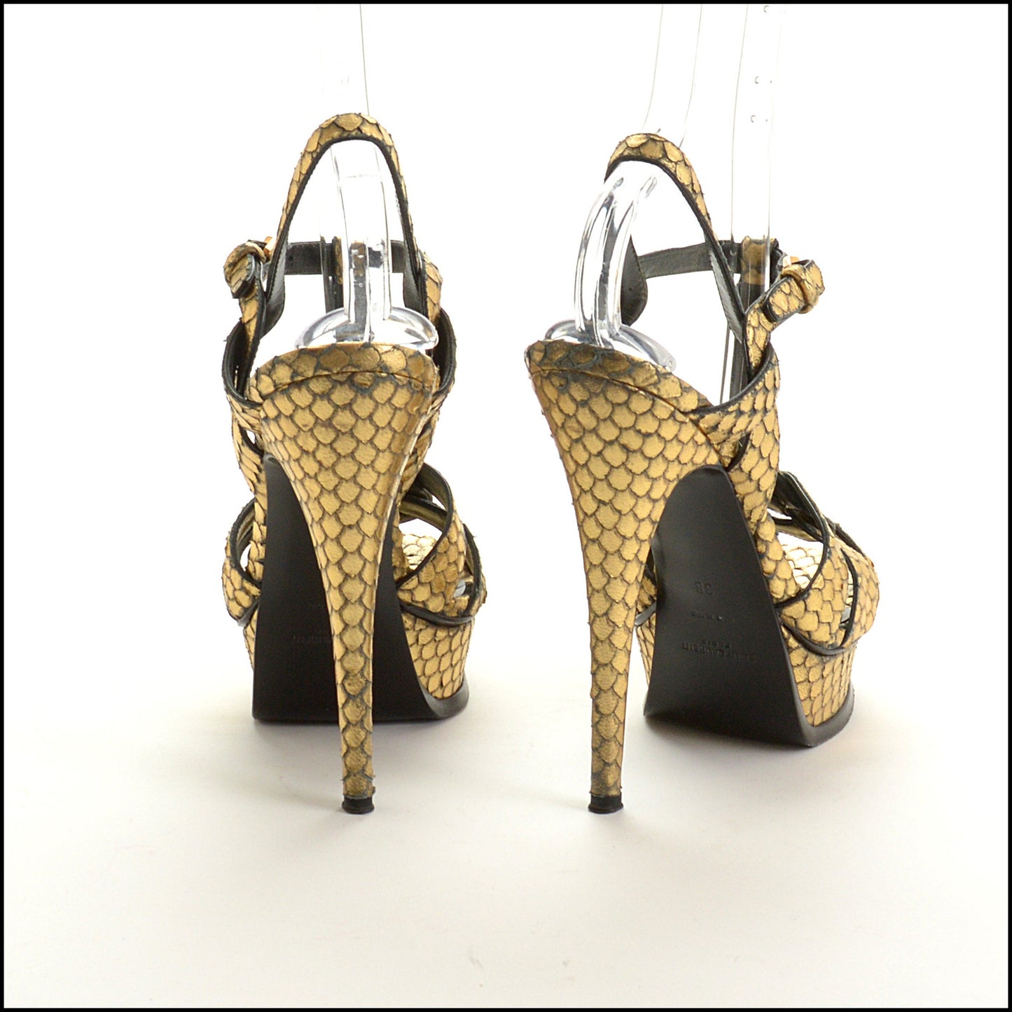 RDC15210 SAINT LAURENT Gold Tribute Snakeskin Effect Platform Heels Size 38