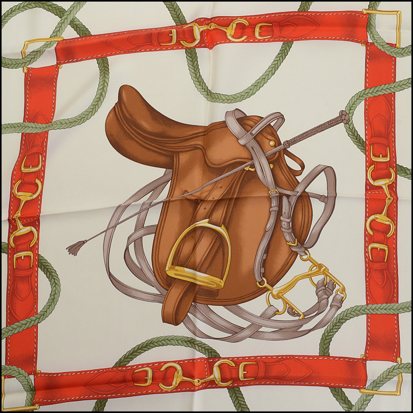 RDC14256 Authentic RALPH LAUREN Red/Multicolor Horse Saddle 90cm Silk Scarf