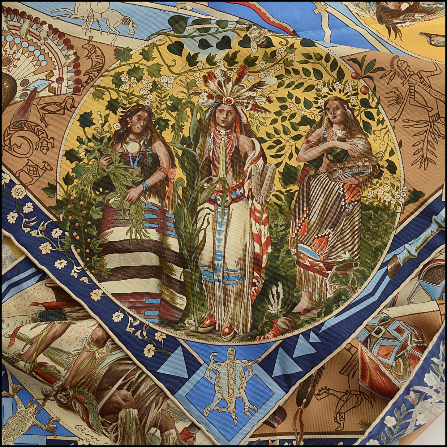 RDC15557 HERMES Blue "Mythologies Des Hommes Rouges" Kermit Oliver Silk Scarf 90 cm