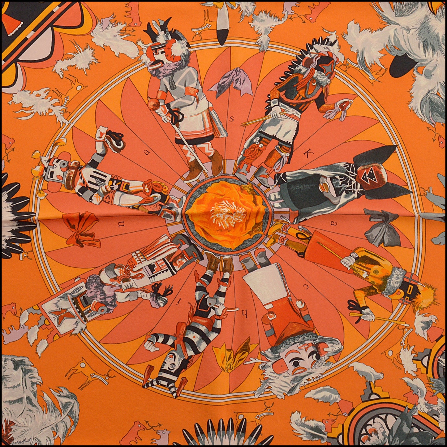 RDC15455 HERMES Orange Kachinas Silk Scarf 90cm Kermit Oliver