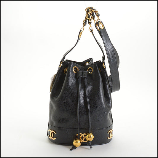 RDC14623 CHANEL Vintage '91-'94 Black Caviar Leather CC Logos Small Bucket Bag