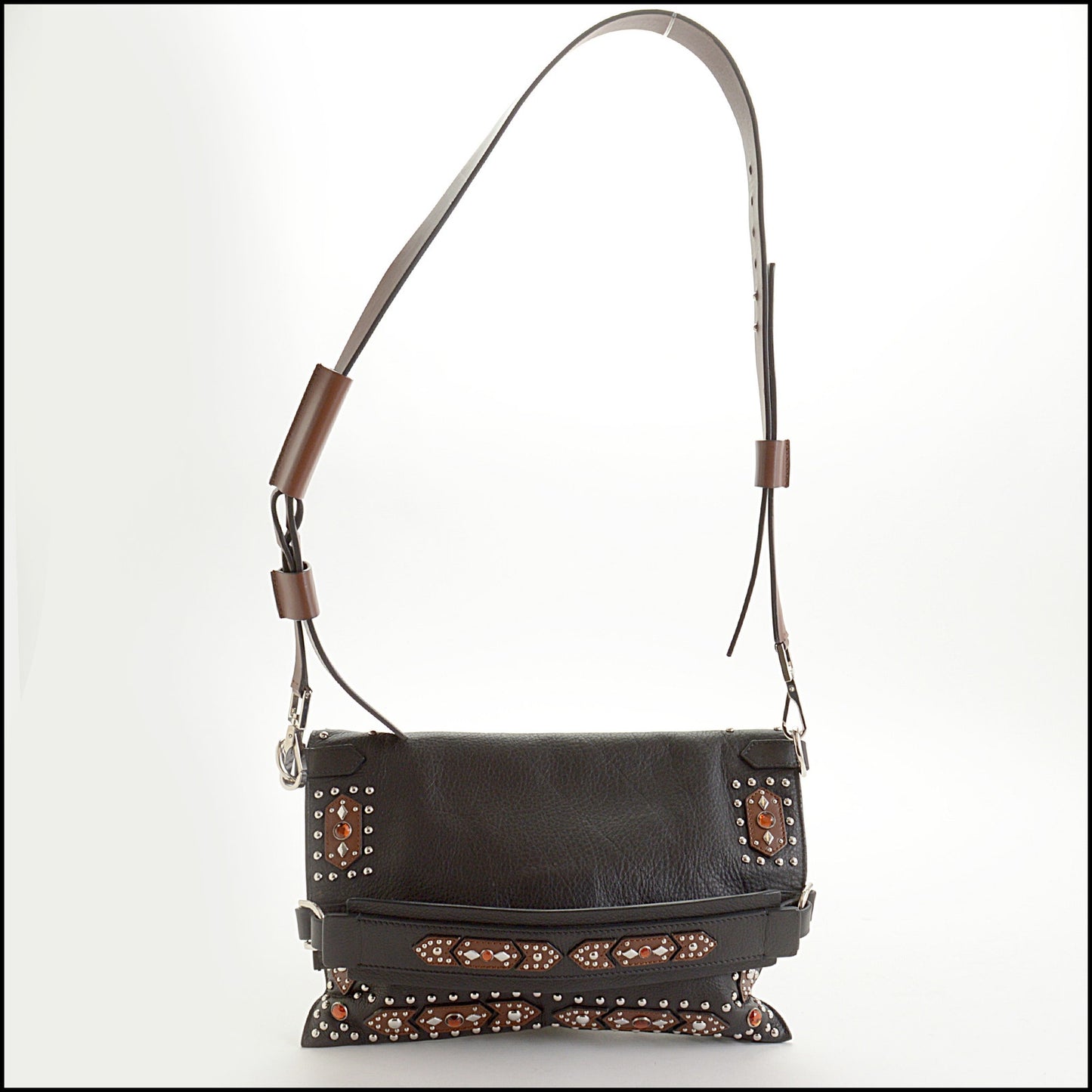RDC14982 GIVENCHY Black/Brown Studded Fold-Over Clutch Shoulder Bag