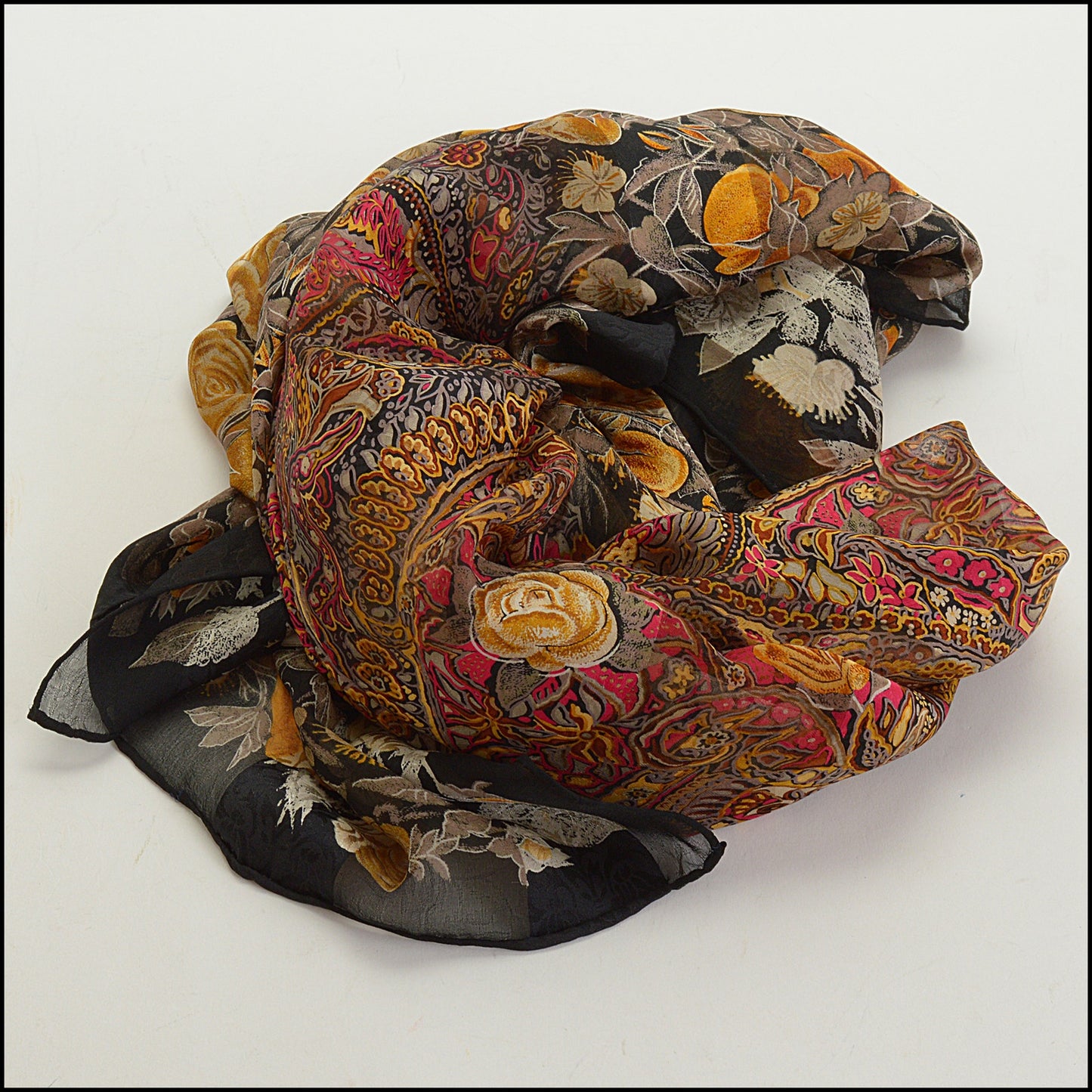 RDC14890 CHRISTIAN DIOR Vintage Black/Gold Flowers & Leaves Large Scarf