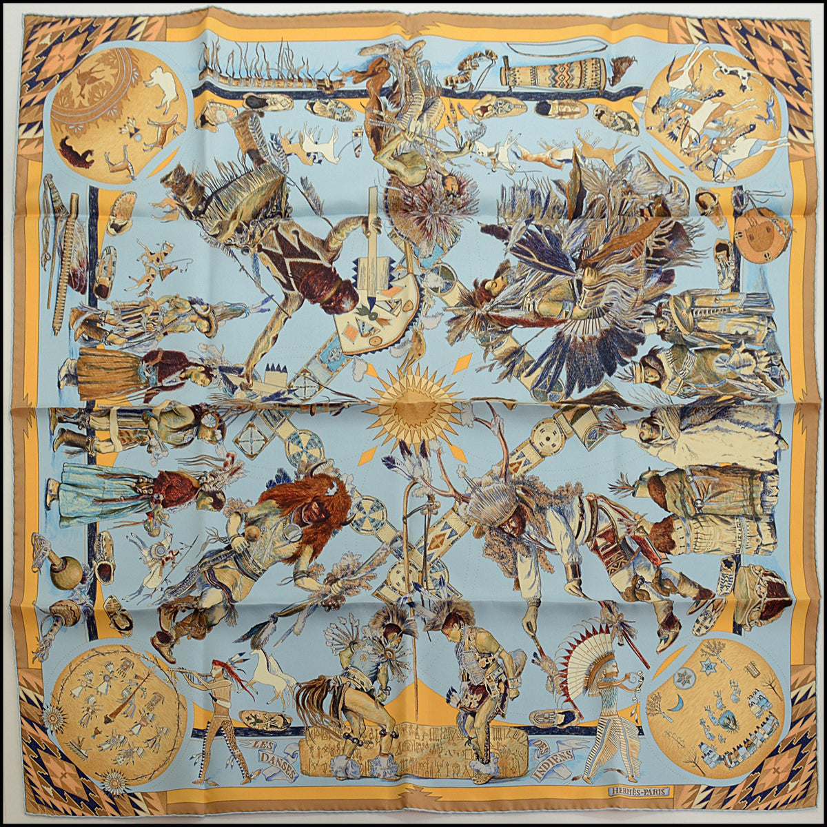 RDC15676 HERMES Light Blue/Tan ''Les Danses Des Indiens'' Scarf Kermit Oliver