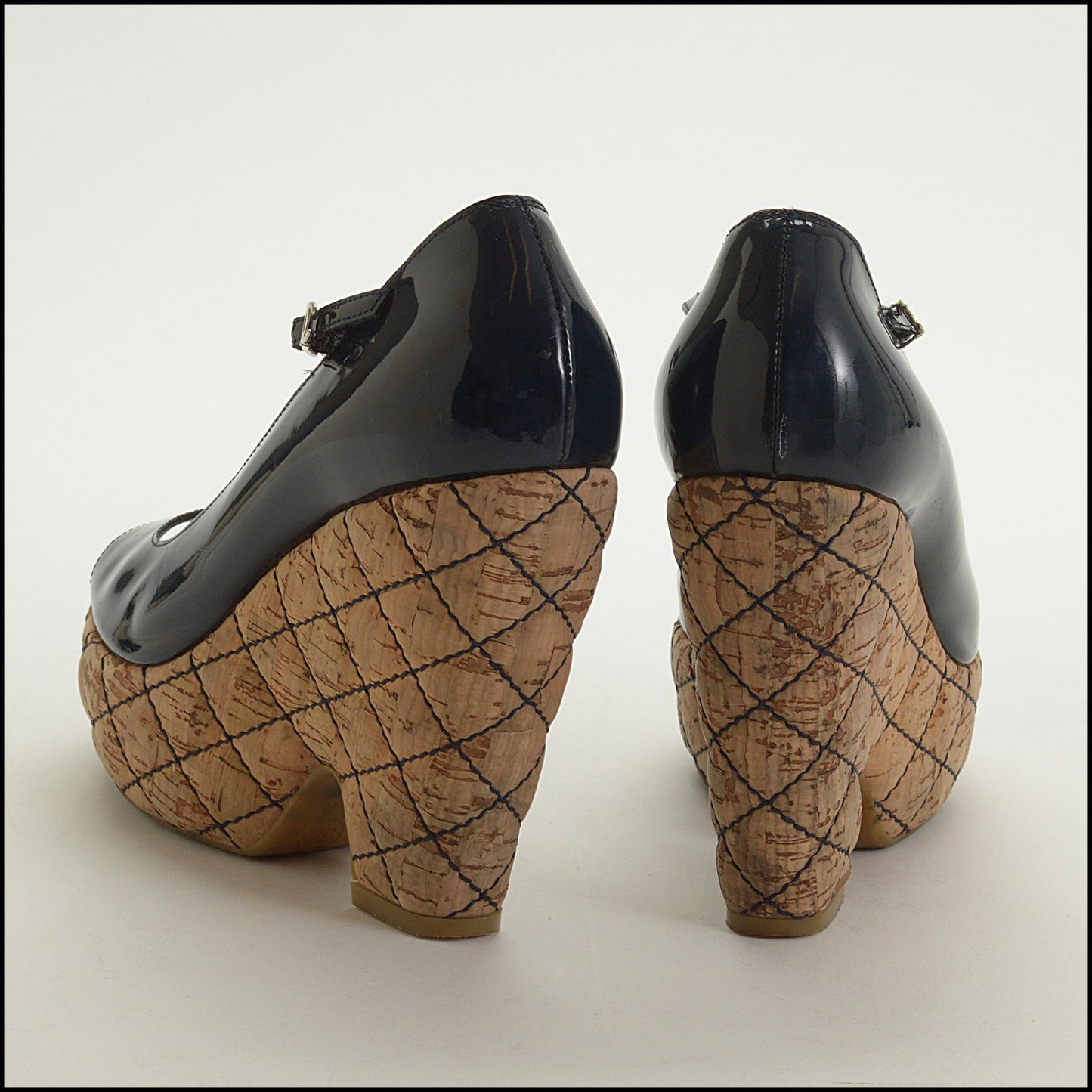 RDC15186 CHANEL Navy Patent Leather Quilted Cork Platforms Size 37.5
