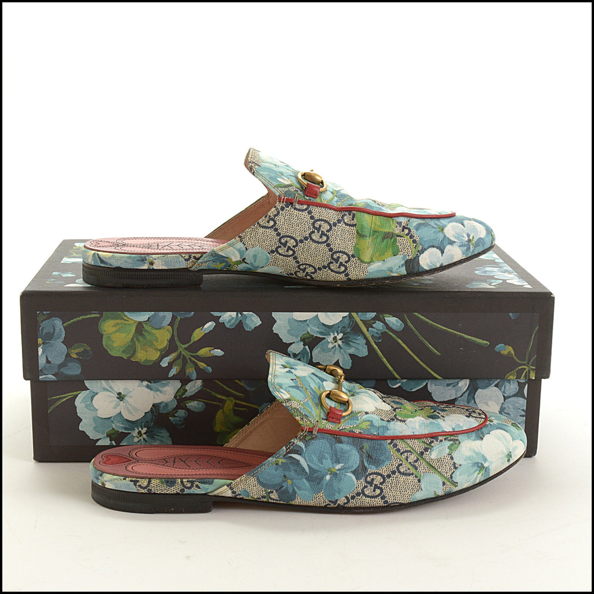 RDC15706 GUCCI Blue GG Blooms Monogram Princetown Horsebit Slipper Mules