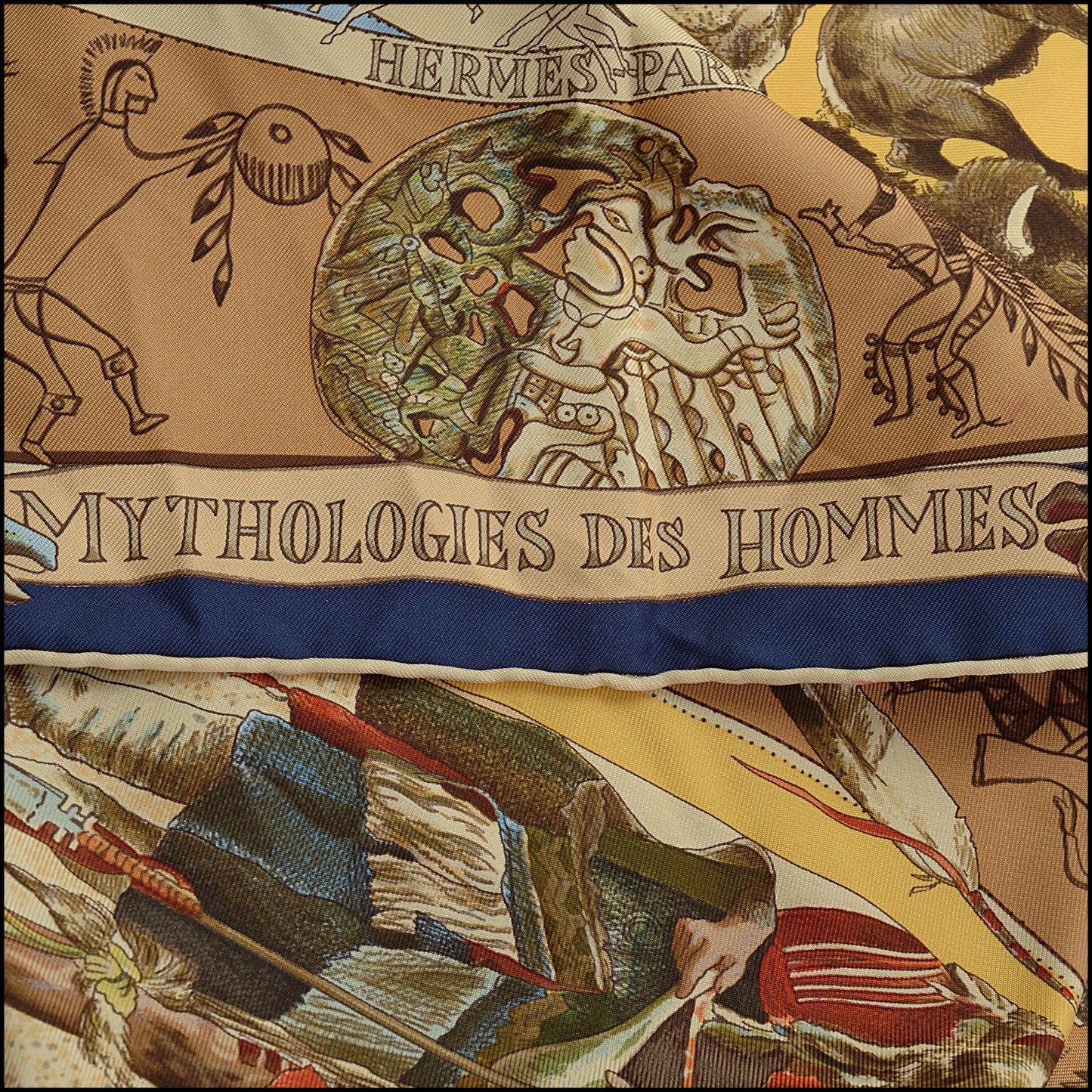 RDC15557 HERMES Blue "Mythologies Des Hommes Rouges" Kermit Oliver Silk Scarf 90 cm