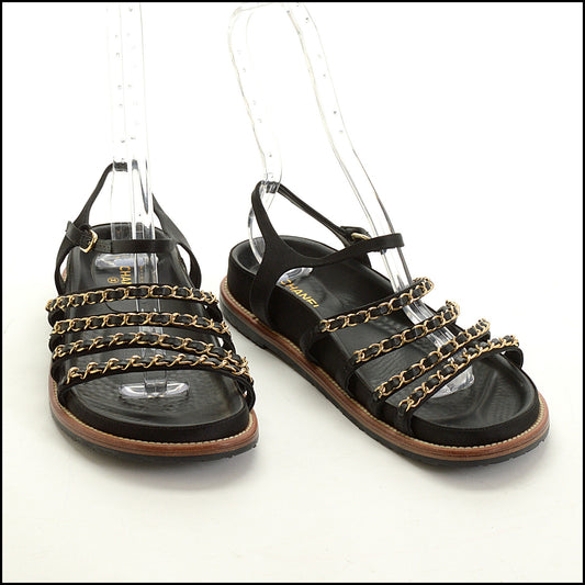RDC15104 CHANEL Black Satin Gold Chain Ankle Strap Sandals Size EU 40.5/US 10