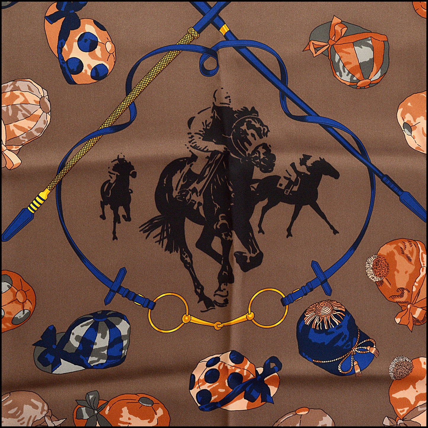 RDC15456 HERMES '15 Black/Blue/Taupe "Jockey" 70cm Silk Scarf