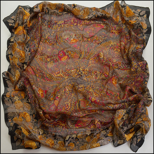 RDC14890 CHRISTIAN DIOR Vintage Black/Gold Flowers & Leaves Large Scarf