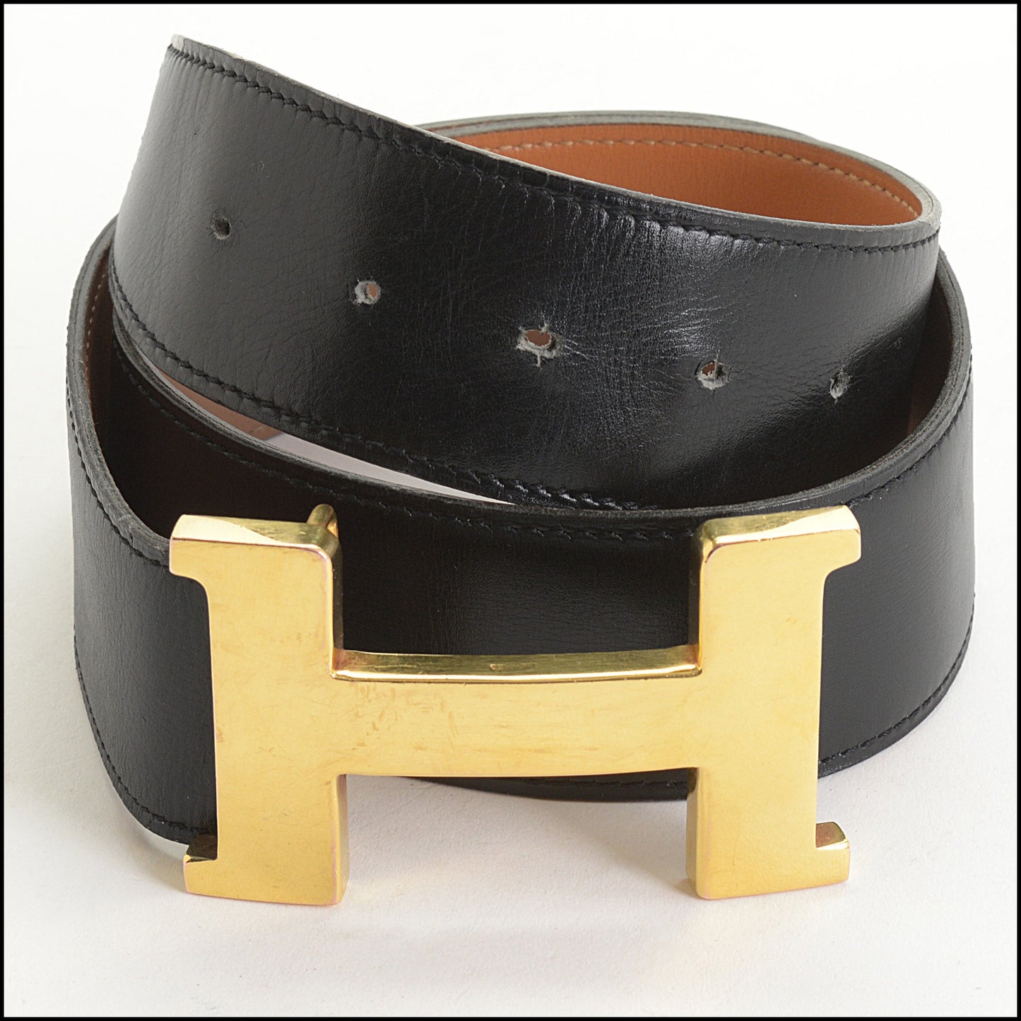 RDC14928 HERMES Black Leather Gold H Buckle Constance Belt Size XS 75/30