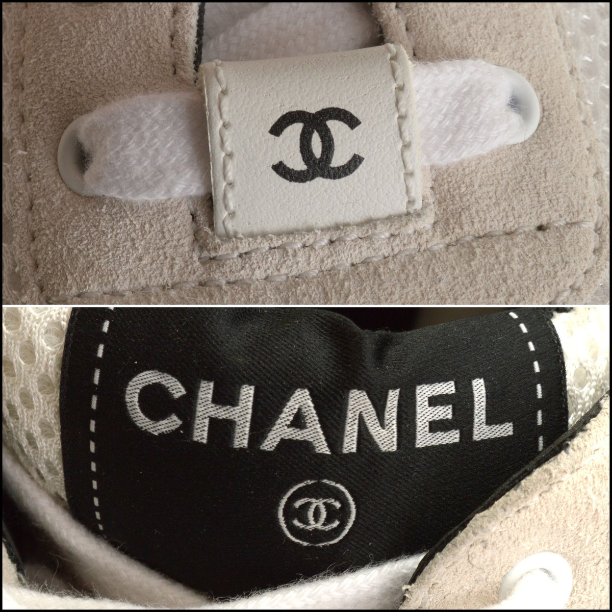 RDC15672 CHANEL Black CC White Mesh/Leather/Light Gray Suede Sneakers Size 38
